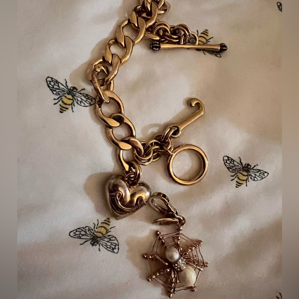 Juicy Couture Gold Chain Bracelet with Heart and Spider Charms